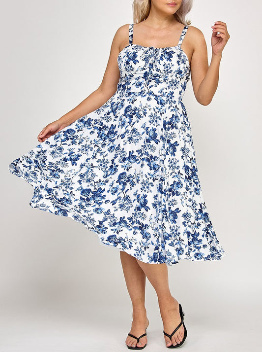 Plus Size Floral Midi Dress – Front Tie & Corset Waist