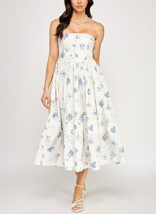 Strapless Floral Midi Dress With Pockets