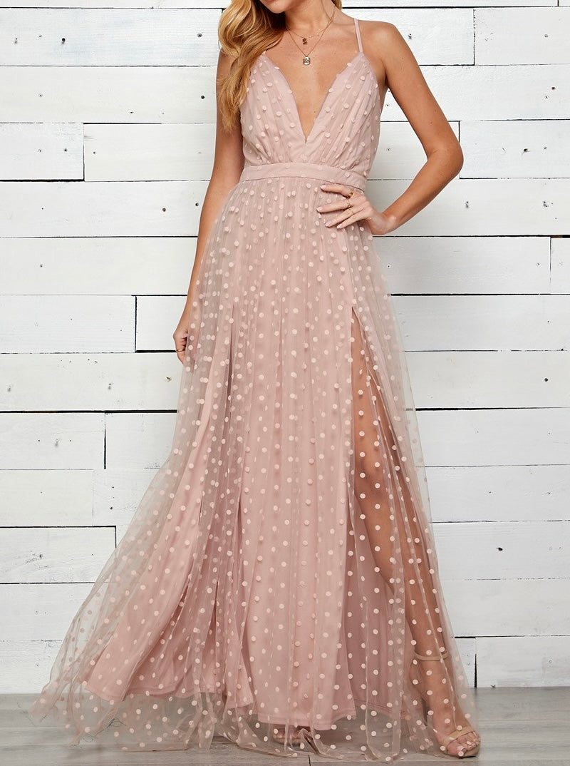 Polka Dot Mesh Maxi Dress