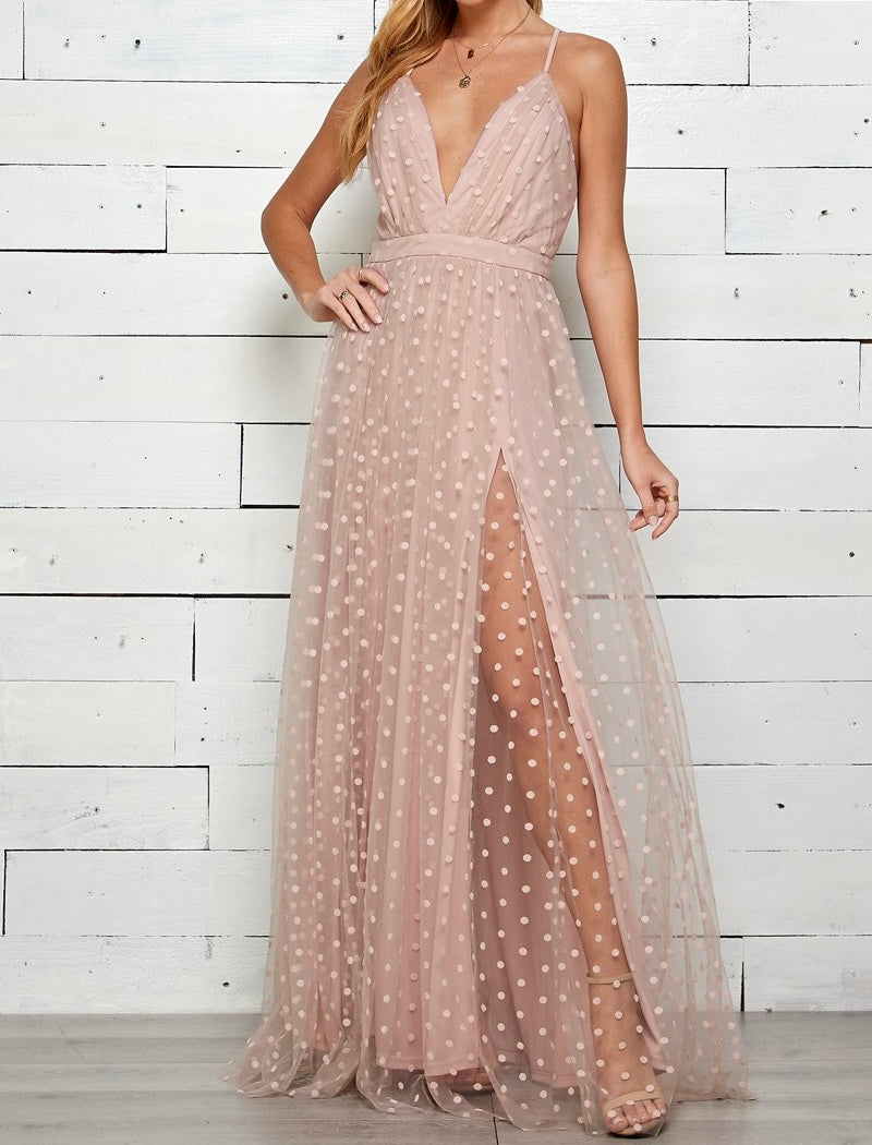 Polka Dot Mesh Maxi Dress