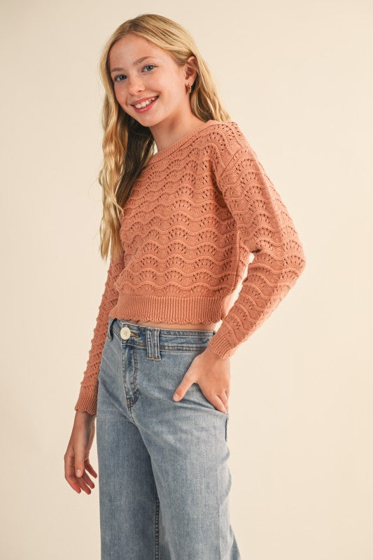 Crew Neck Wavy Pointelle Light Sweater