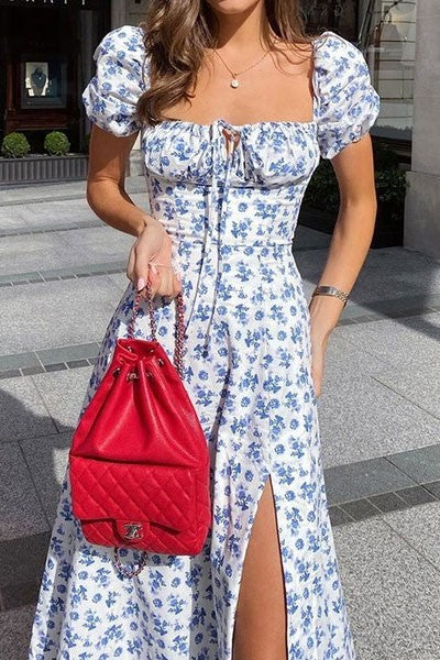 Floral Puff Sleeve A-Line Midi Dress