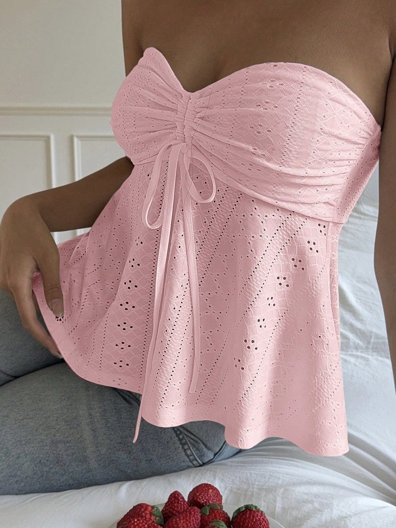 Ruched Eyelet Tube Top