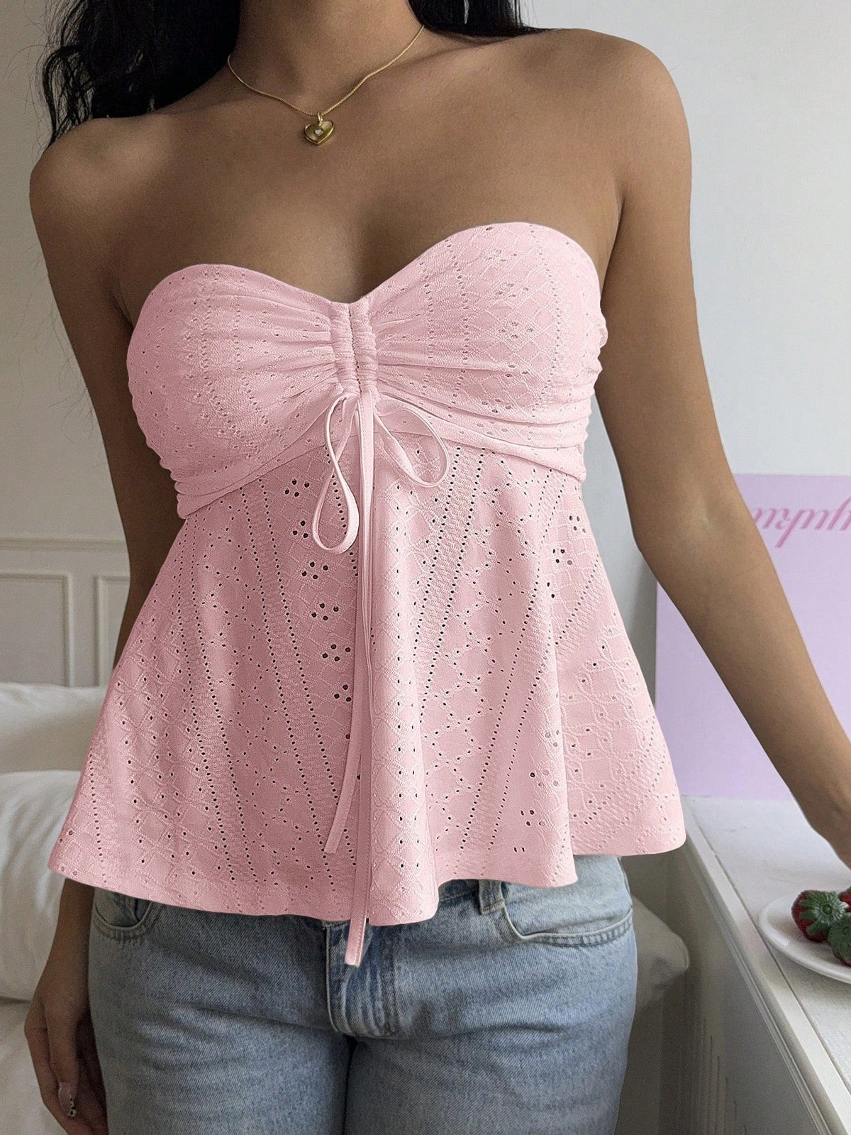 Ruched Eyelet Tube Top