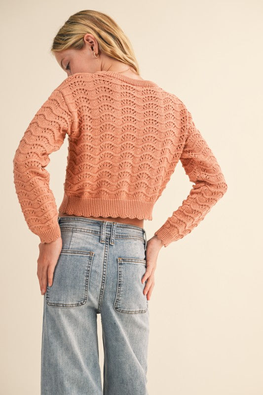 Crew Neck Wavy Pointelle Light Sweater