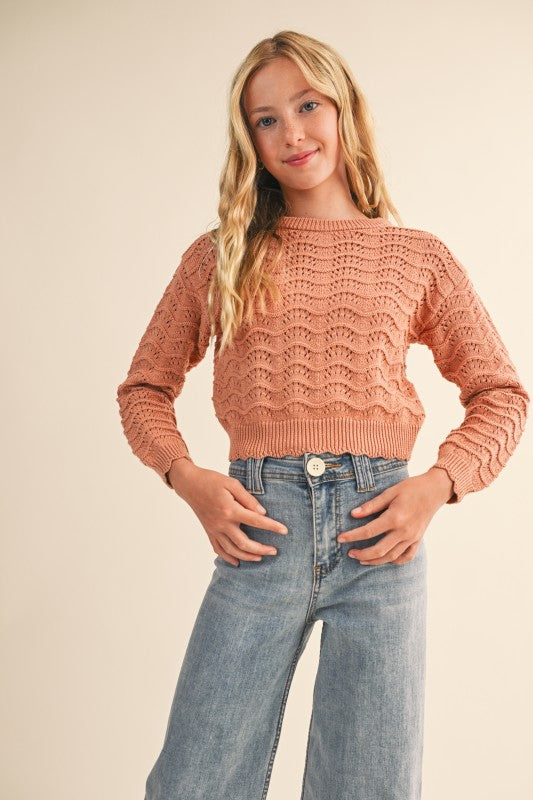 Crew Neck Wavy Pointelle Light Sweater