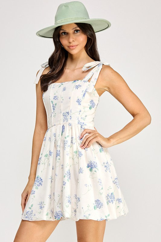 Floral Shoulder Tie Bubble Skirt Dress