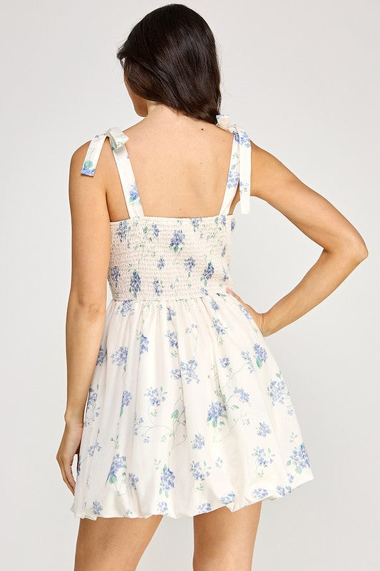 Floral Shoulder Tie Bubble Skirt Dress